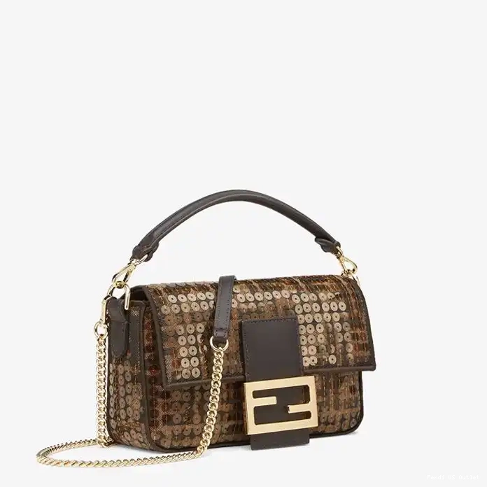 Vintage HOT FF In Brown Motif Sequins Mini Fendi Baguette Bag with Fabric 0325